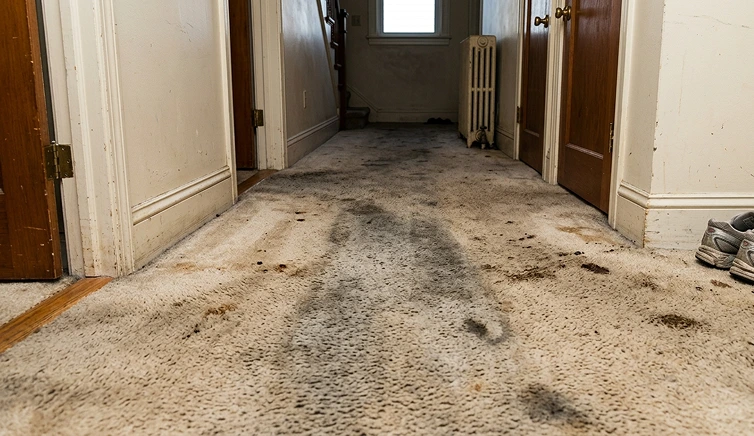 Dirty carpet with stains or traffic lanes